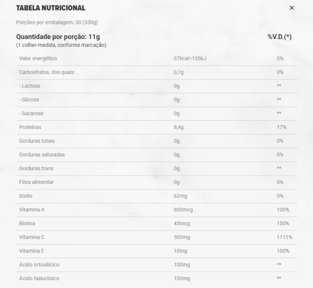 Collagen Skin Essential Nutrition — tabela nutricional