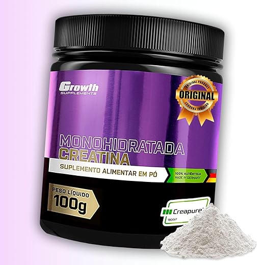 Creatina Growth Supplements com selo Creapure e textura do pó